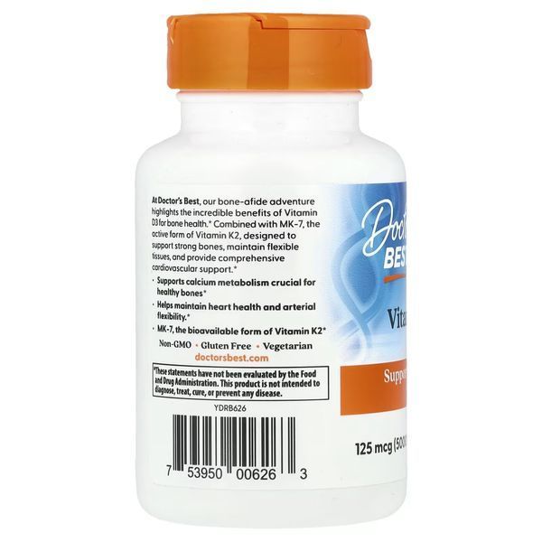 Витамин D3 и K2, Vitamin D3 + K2, MK-7, Doctor's Best, 60 вегетарианских капсул