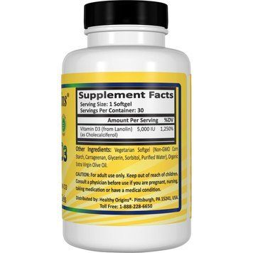 Витамин D3 для Вегетарианцев, Vegetarian Vitamin D3, 5000 IU, Healthy Origins, 180 капсул