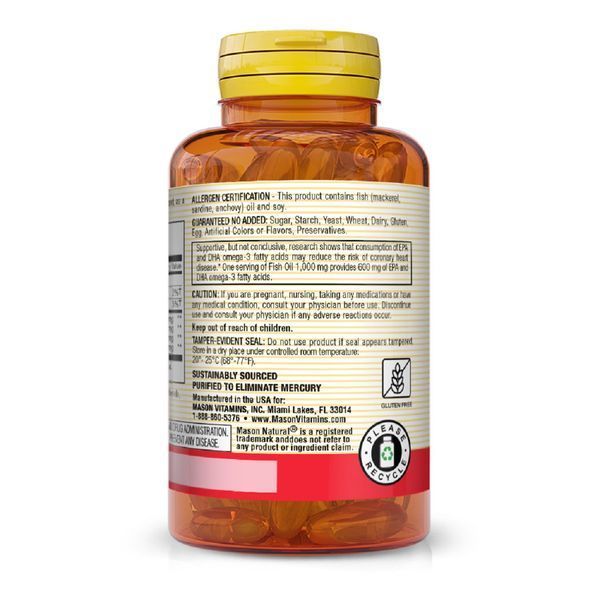 Рыбий жир и Омега-3 1000/600мг, Fish Oil & Omega 3, Mason Natural, 30 гелевых капсул