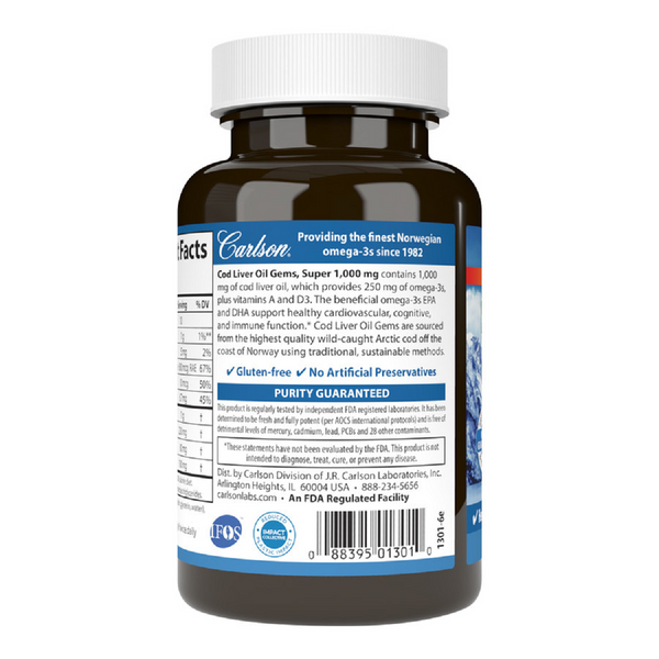 Жир из печени Норвежской Трески, 1000 мг, Cod Liver Oil, Carlson, 100 гелевых капсул