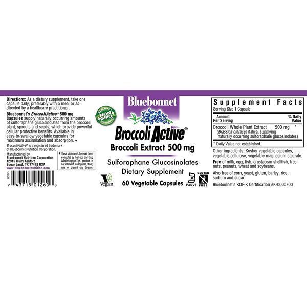 Екстракт Брокколі 500 мг, Broccoli Active, Bluebonnet Nutrition, 60 вегетаріанських капсул