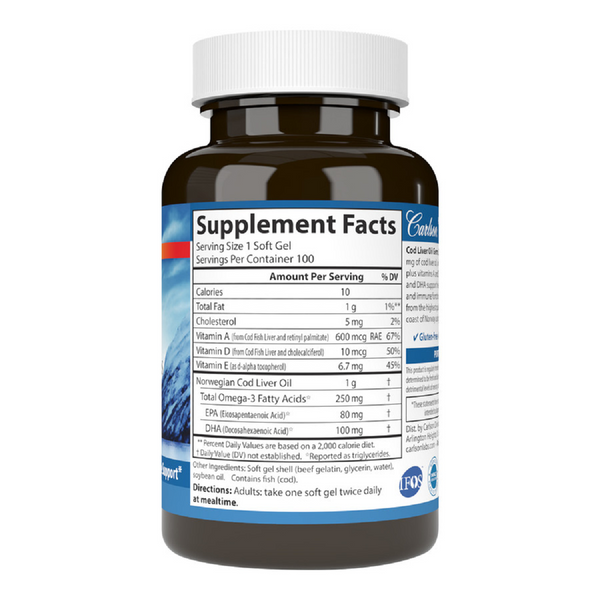 Жир из печени Норвежской Трески, 1000 мг, Cod Liver Oil, Carlson, 100 гелевых капсул
