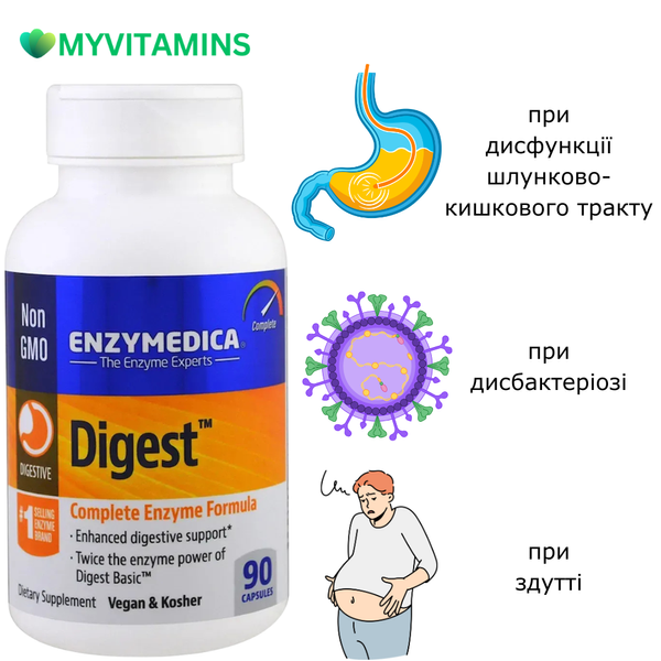 Ферменти для Засвоєння, Повний білковий склад, Digest, Enzymedica, 90 капсул