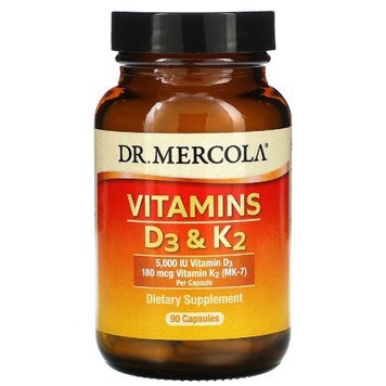 Вітаміни D3 і K2, 5000 МО, Vitamins D3 & K2, Dr. Mercola, 90 капсул