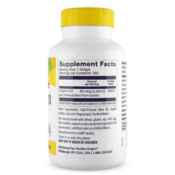 Витамин D3, 2400 МЕ, Vitamin D3, Healthy Origins, 360 желатиновых капсул