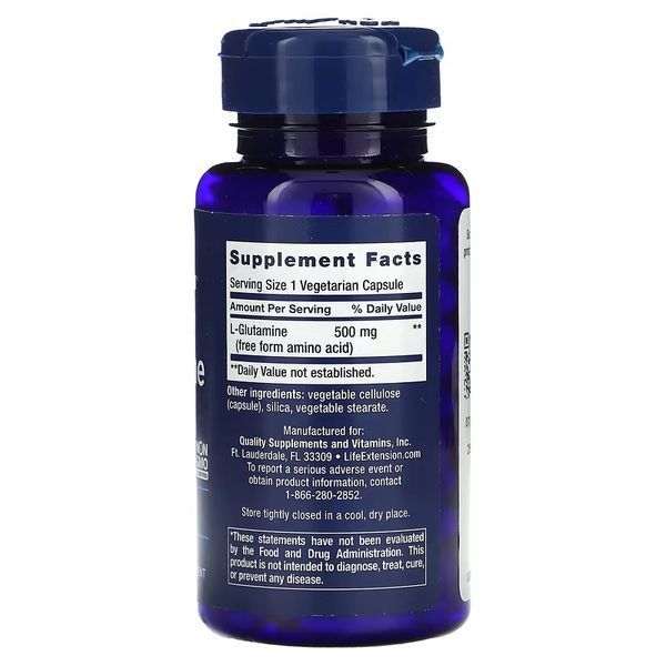 L-глютамін, 500 мг, L-Glutamine, Life Extension, 100 вегетаріанських капсул