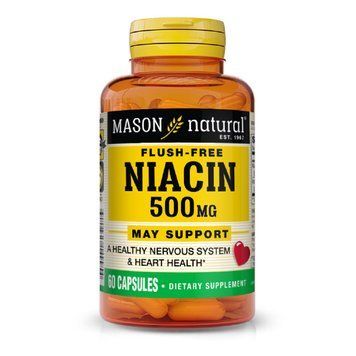 Ніацин 500мг, B3, Niacin Flush Free, Mason Natural, 60 капсул