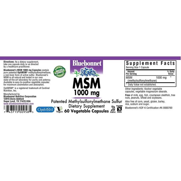 МСМ 1000 мг, MSM, Bluebonnet Nutrition, 60 вегетарианских капсул