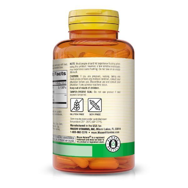 Ніацин 500мг, B3, Niacin Flush Free, Mason Natural, 60 капсул