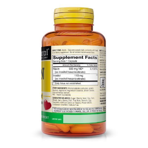 Ніацин 500мг, B3, Niacin Flush Free, Mason Natural, 60 капсул