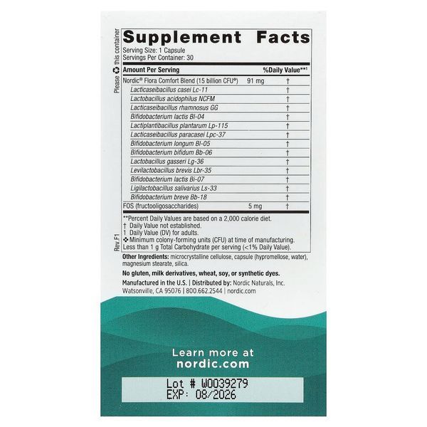 Пробіотики, 15 млрд КУО, Nordic Flora Probiotic, Comfort, Nordic Naturals, 30 капсул