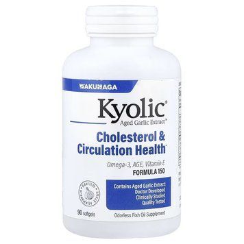 Экстракт чеснока с Омега-3, Aged Garlic Extract, Cholesterol&Circulation Health, Kyolic, 90 гелевых капсул