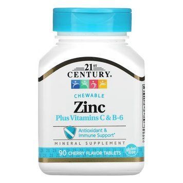 Цинк з вітамінами С і В6, смак вишні, Zinc Plus Vitamins C&B-6, 21st Century, 90 жувальних таблеток