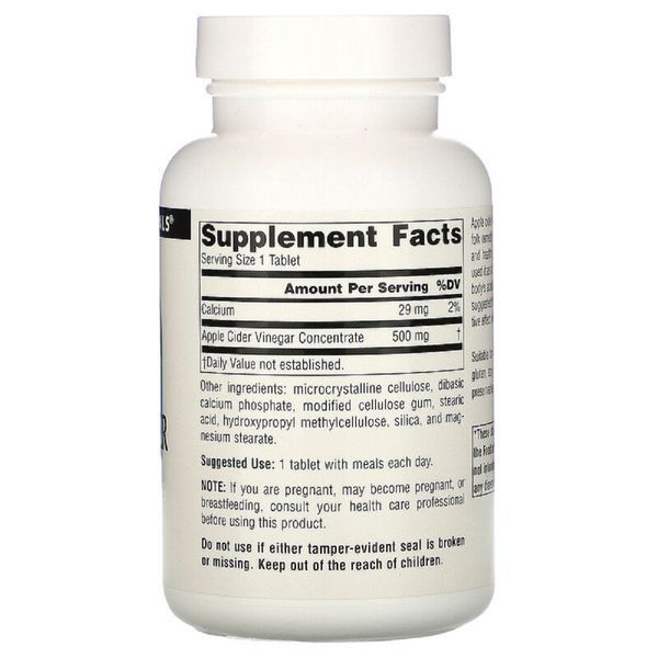 Яблучний Оцет, 500 мг, Apple Cider Vinegar, Source Naturals, 90 таблеток