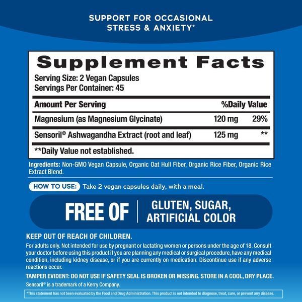 Ашваганда та магній гліцинат, MAXCALM Ashwagandha + Magnesium Glycinate, Natural Vitality, 90 веганських капсул