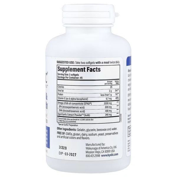 Екстракт часнику з Омега-3, Aged Garlic Extract, Cholesterol & Circulation Health, Kyolic, 90 гелевих капсул