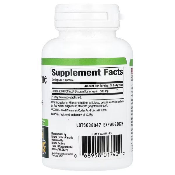 Фермент Лактази, 300 мг, Lactase Enzyme, Natural Factors, 60 Капсул
