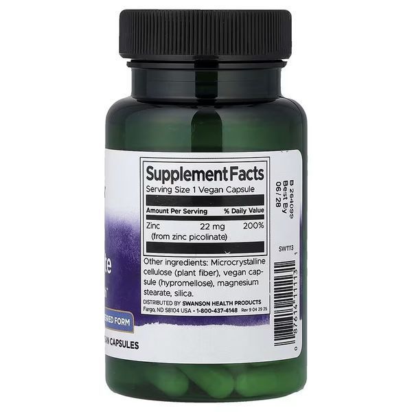 Цинк піколінат, 22 мг, Zinc Picolinate, Swanson, 60 веганських капсул