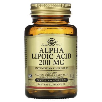 Альфа-ліпоєва кислота, 200 мг, Alpha Lipoic Acid, Solgar, 50 вегетеріанських капсул