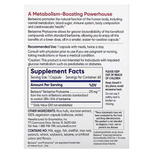 Берберин Фитосомы, Berberine Phytosome, Enzymedica, 60 капсул