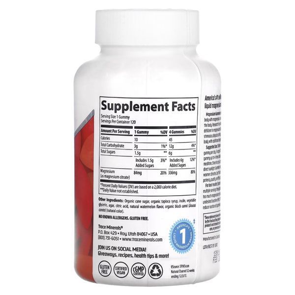 Магній, смак кавуна, Magnesium Gummies, Trace Minerals, 120 жувальних цукерок