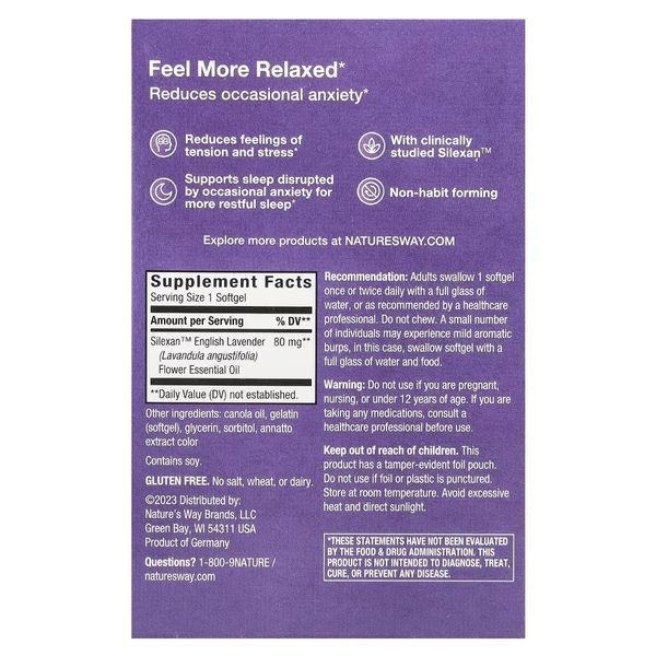 Лаванда для спокою та розслаблення, CalmAid, Clinically Studied Lavender, Nature's Way, 30 гелевих капсул