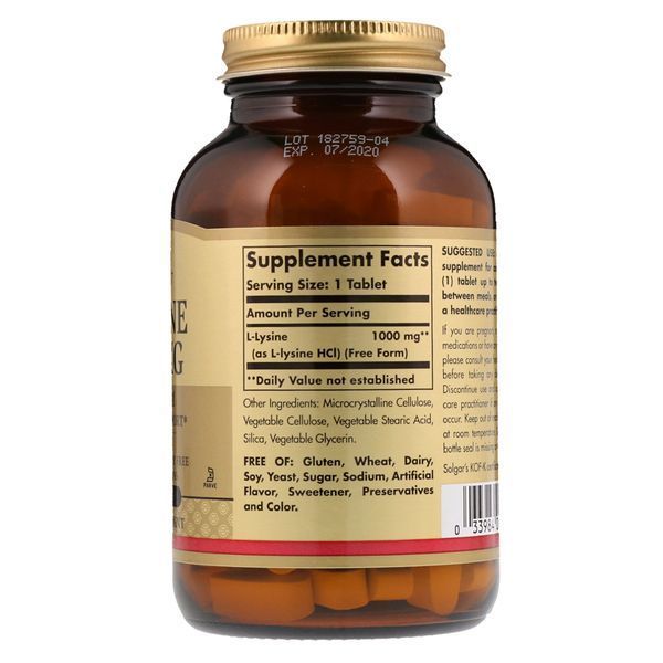 Лізин 1000 мг, L-Lysine, Solgar, 100 таблеток