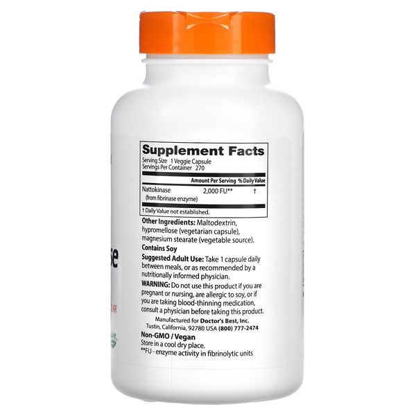 Наттокіназа, 2000 FU, Nattokinase, Doctor's Best, 270 вегетаріанських капсул