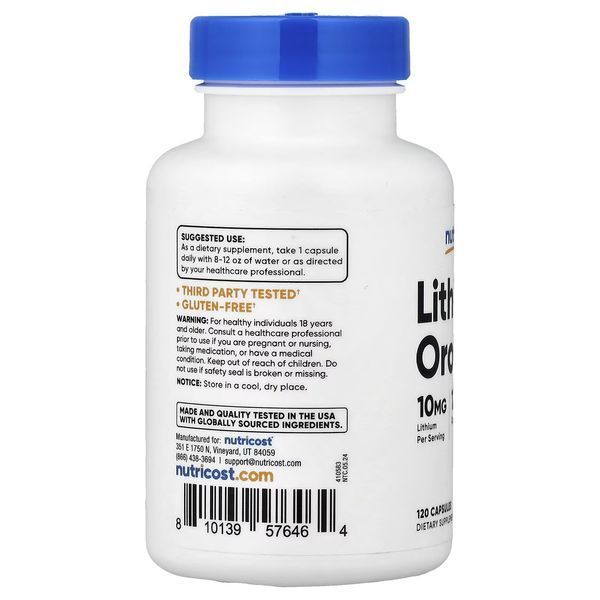 Літій оротат, 10 мг, Lithium Orotate, Nutricost, 120 капсул