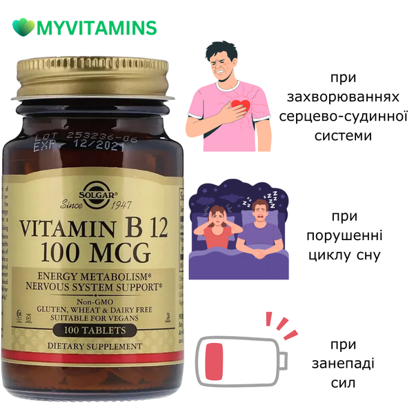 Вітамін В12 (Ціанокобаламін), Vitamin B12, Solgar, 100 мкг, 100 таблеток