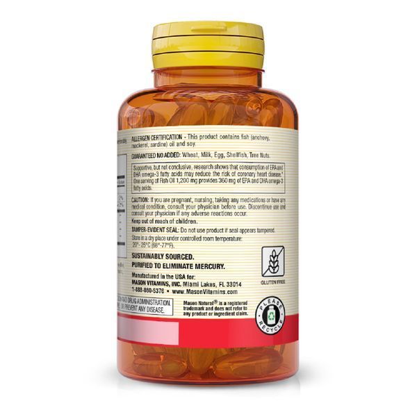 Рыбий жир и Омега 3 1200/360мг, Fish Oil & Omega 3, Mason Natural, 100 гелевых капсул
