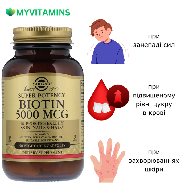 Біотин (В7) 5000 мкг, Solgar, 50 гелевих капсул