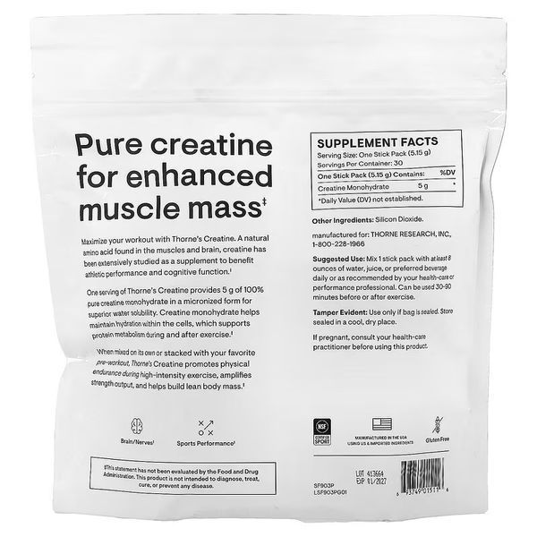 Креатин, Creatine, Thorne, 30 стіків по 5,15 гр