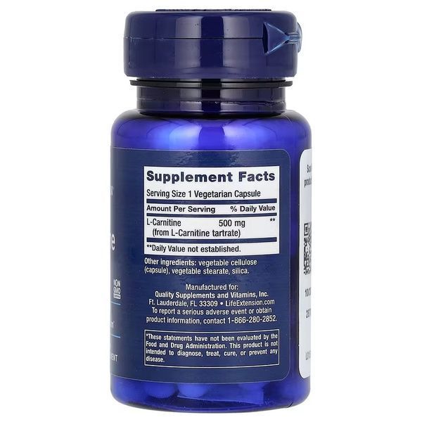 L-Карнітин, 500 мг, L-Carnitine, Life Extension, 30 вегетаріанських капсул