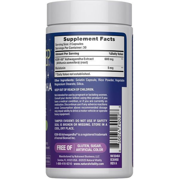 Мелатонін з ашвагандою, CALM Sleep Melatonin + Ashwagandha KSM-66, Natural Vitality, 60 капсул