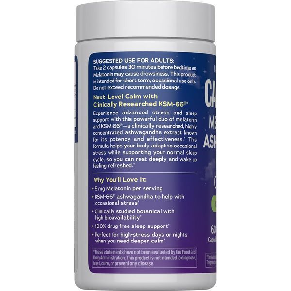 Мелатонін з ашвагандою, CALM Sleep Melatonin + Ashwagandha KSM-66, Natural Vitality, 60 капсул
