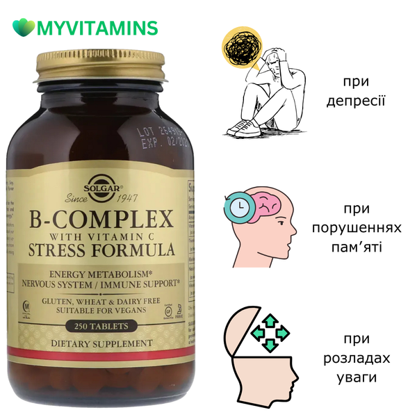 Стресс Формула, В-Комплекс+Витамин С, B-Complex with Vitamin С, Solgar, 250 таблеток