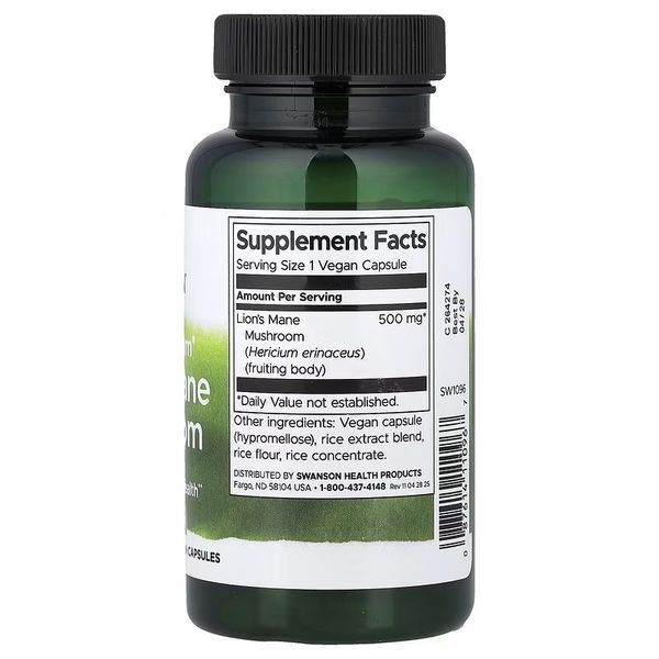 Їжовик гребінчастий, 500 мг, Full Spectrum Organic Lion's Mane Mushroom, Swanson, 60 веганських капсул