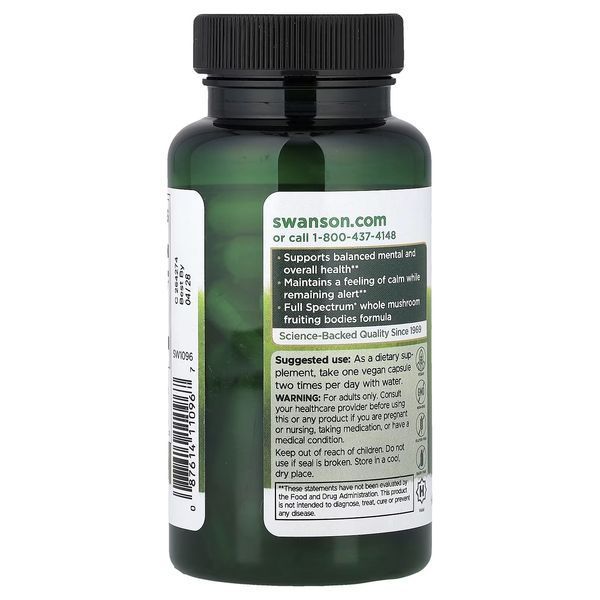 Їжовик гребінчастий, 500 мг, Full Spectrum Organic Lion's Mane Mushroom, Swanson, 60 веганських капсул