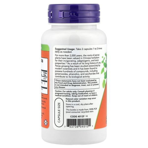 Женьшень, 500 мг, Panax Ginseng, Now Foods, 100 вегетаріанських капсул