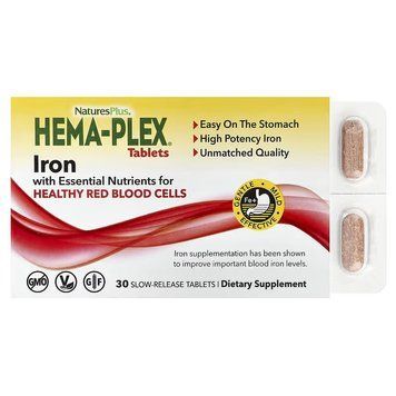 Залізо з незамінними поживними речовинами тривалого вивільнення, Hema-Plex, Iron with Essential Nutrients for Healthy Red Blood Cells, Natures Plus, 30 таблеток