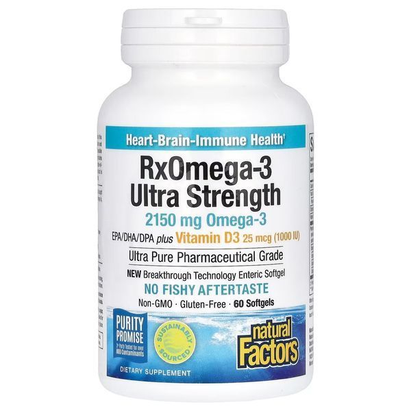 Омега-3 ультра та вітамін D3, 2150 мг, RxOmega-3 Ultra Strength with Vitamin D3, Natural Factors, 60 гелевих капсул