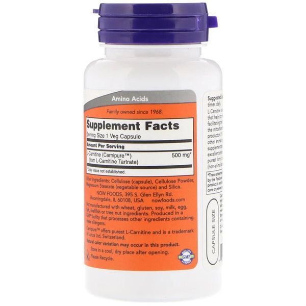 L-Карнітин, 500 мг, L-Carnitine, Now Foods, 60 вегетаріанських капсул