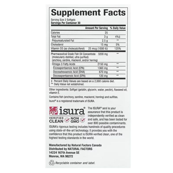 Омега-3 ультра та вітамін D3, 2150 мг, RxOmega-3 Ultra Strength with Vitamin D3, Natural Factors, 60 гелевих капсул