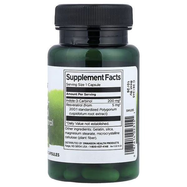 Індол-3-карбінол з ресвератролом, Indole-3-Carbinol with Resveratrol, Swanson, 60 капсул