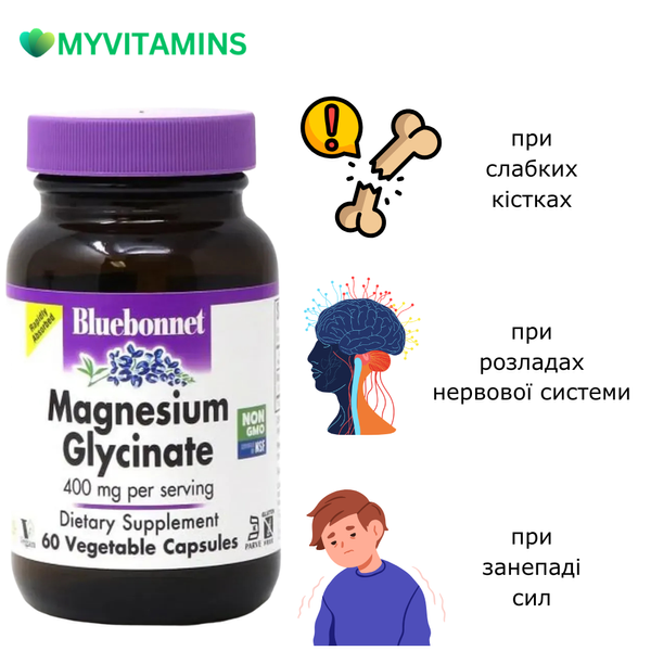 Магний Глицинат, 400 Мг, Magnesium Glycinate, Bluebonnet Nutrition, 60 вегетарианских капсул