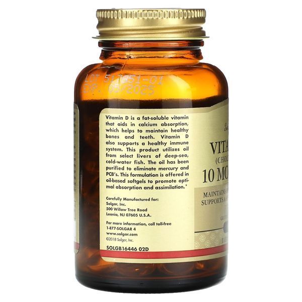 Вітамін D3, 10 мкг (400 МО), Vitamin D3 (Cholecalciferol), Solgar, 100 гелевих капсул