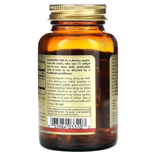 Вітамін D3, 10 мкг (400 МО), Vitamin D3 (Cholecalciferol), Solgar, 100 гелевих капсул