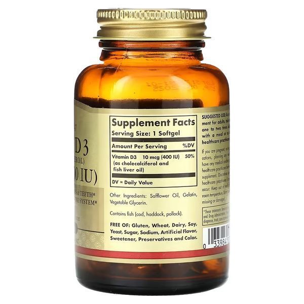 Вітамін D3, 10 мкг (400 МО), Vitamin D3 (Cholecalciferol), Solgar, 100 гелевих капсул