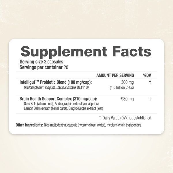 Комплекс для здоровья мозга с пробиотиком, Интеллигут, Intelligut, RidgeCrest Herbals, 60 капсул